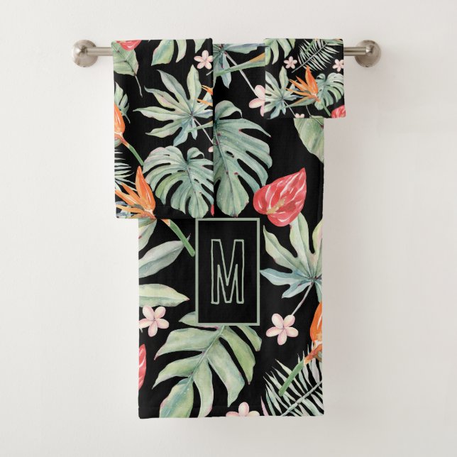 Dark Tropics Blume Foliage Fantasy mit Monogram Badhandtuch Set (Insitu)