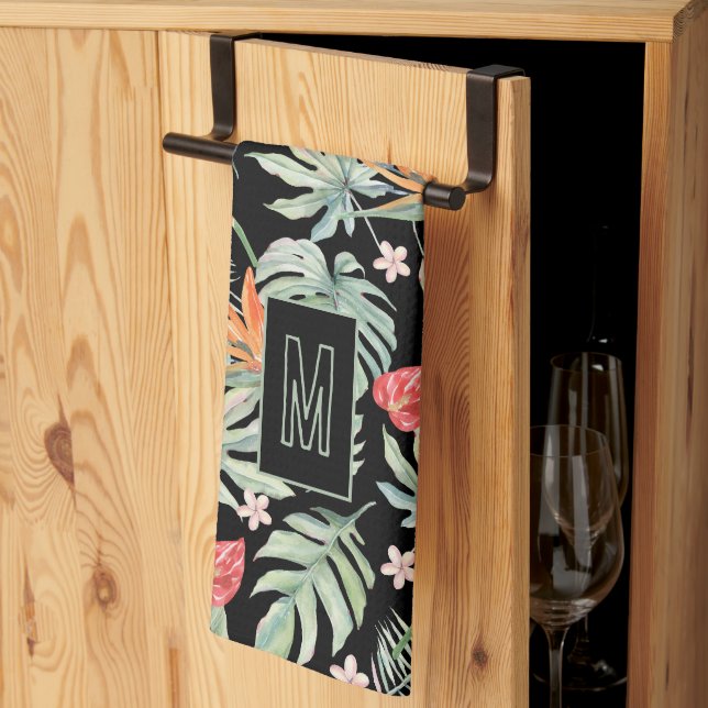 Dark Tropics Blume Foliage Fantasy mit Monogram Geschirrtuch (Drittel gefaltet)