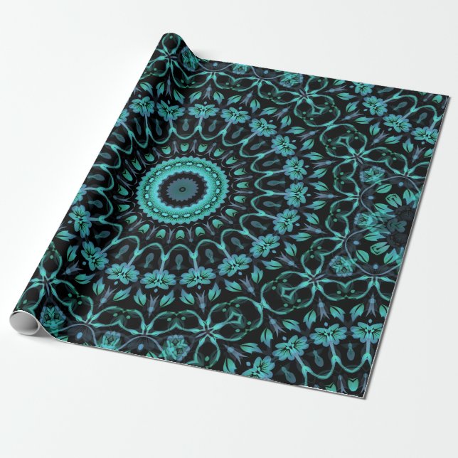 Dark Turquoise Floral Mandala Geschenkpapier (Ungerollt)