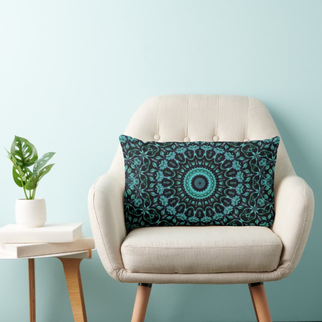Dark Turquoise Floral Mandala Lendenkissen (Stuhl )