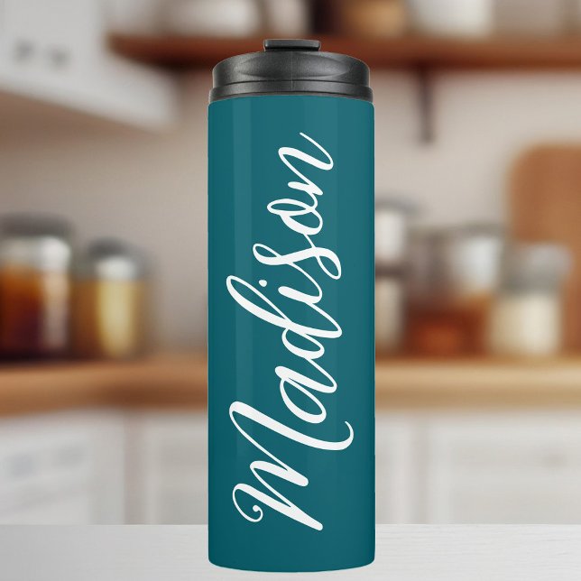 Dark Turquoise White Handwriting Script Custom Thermosbecher (Von Creator hochgeladen)