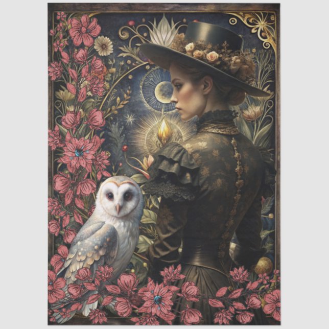 Dark Victorian Girl White Owl Floral Abstract Art  Seidenpapier (Vorderseite)
