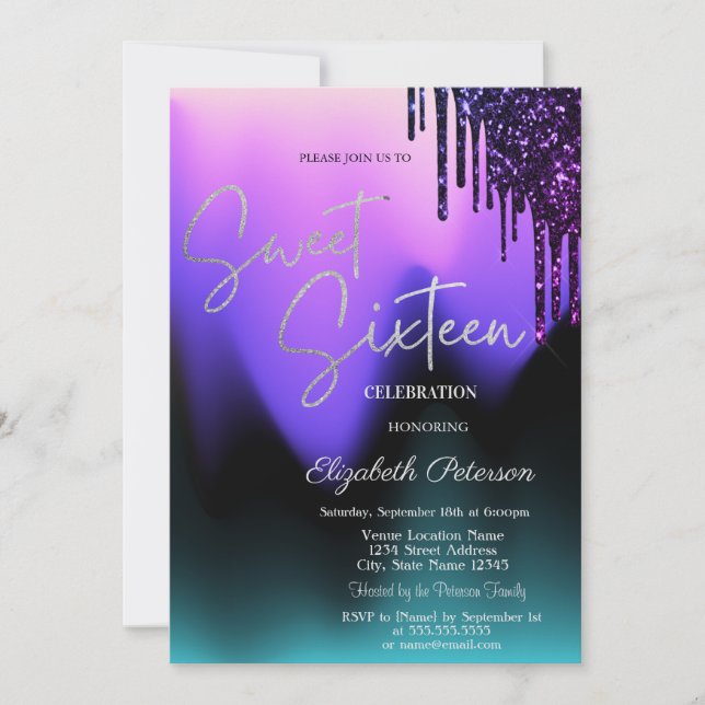 Dark Violet Glitter Drips,Ombre Sweet 16  Einladung (Vorderseite)