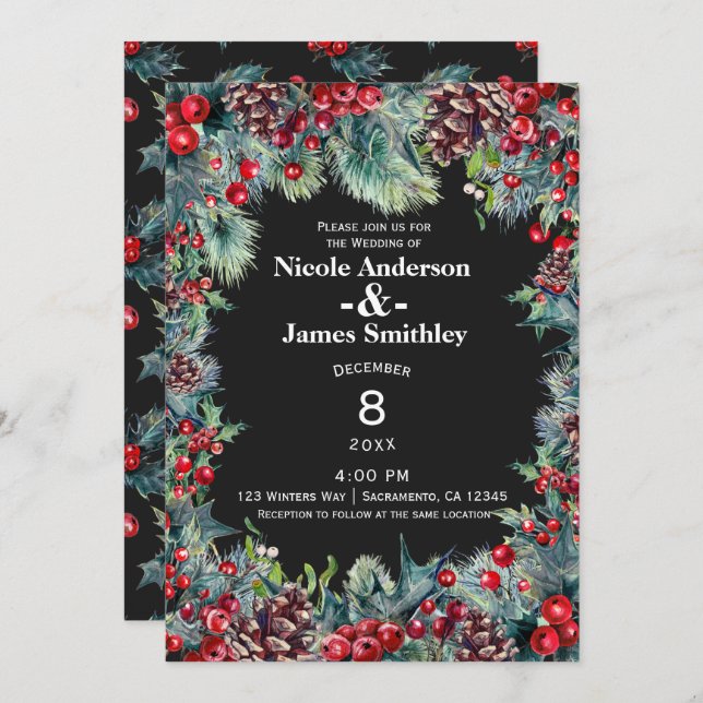 Dark Winter Wedding Holiday Berries & Pine Cones Einladung (Vorne/Hinten)