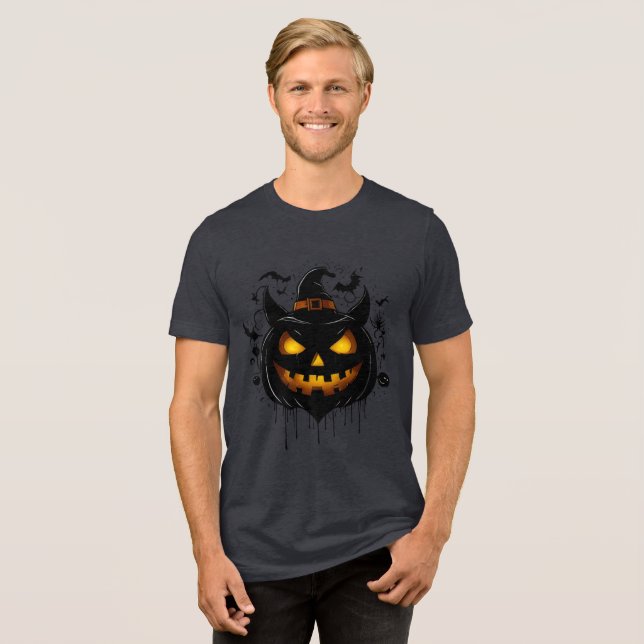 Dark Witch Pumpkin with Glowing Eyes Tri-Blend Shirt (Vorderseite voll)