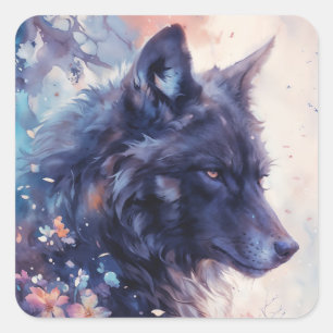 Dark Wolf Profil in rosa Aquarell Blumengarten Quadratischer Aufkleber