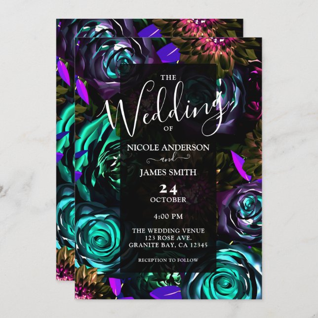Dark Wonderland Bold Glam Floral Blume Hochzeit Einladung (Vorne/Hinten)