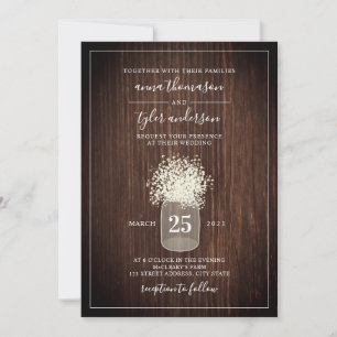 Dark Wood & Gipskraut Mason Jar Wedding Einladung