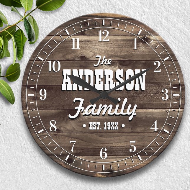 Dark Wood Grain Personalisierter Familienname Große Wanduhr (Von Creator hochgeladen)