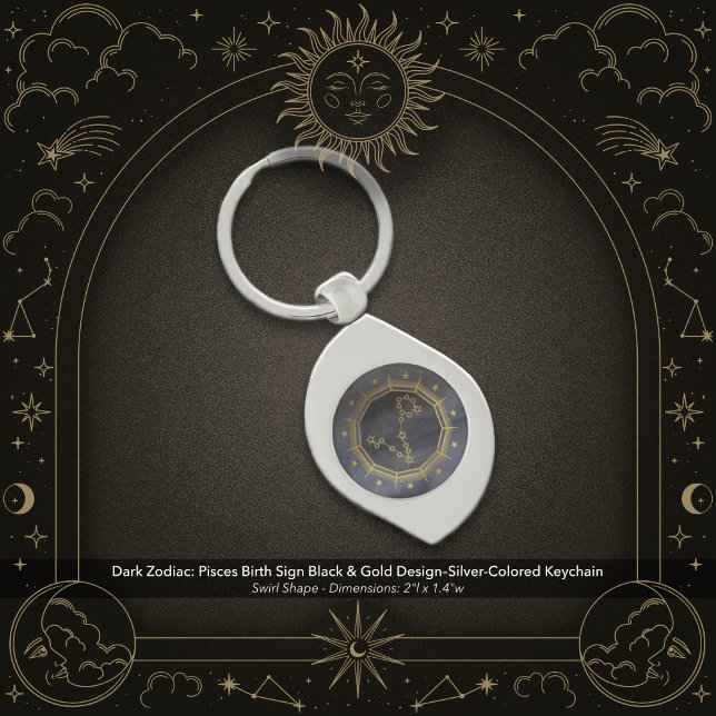 Dark Zodiac: Pisces Birth Sign Black & Gold Schlüsselanhänger (Dark Zodiac: Pisces Birth Sign Silver-Colored Key Chain with Black & Gold Design.)