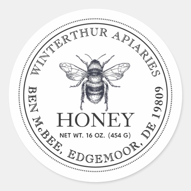 Darker Text editable White Honey Jar Bee Label Runder Aufkleber (Vorderseite)