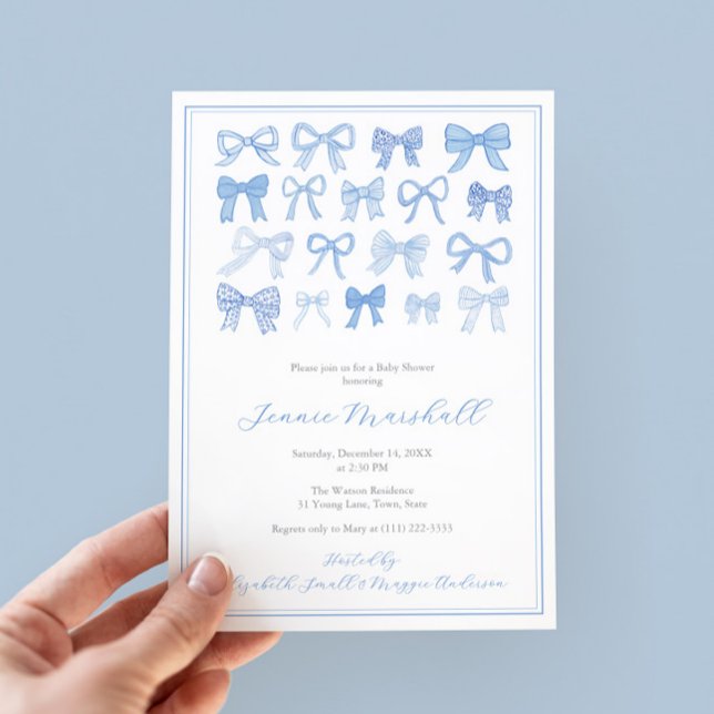 Darling Blue Bows Baby Boy Dusche Party Einladung (Blue And White Whimsical Watercolor Bows baby shower invite for boy with regency stripe backer)