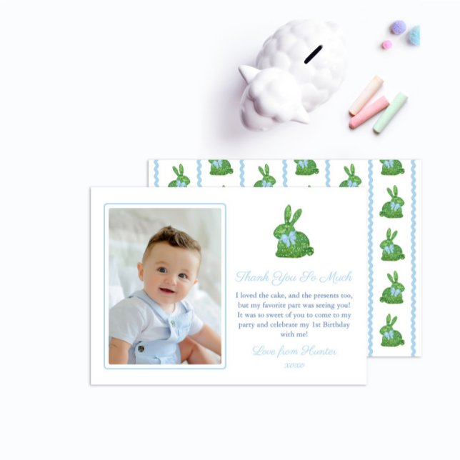 Darling Bunny Green Blue Baby Boy Picture Birthday Dankeskarte (Von Creator hochgeladen)