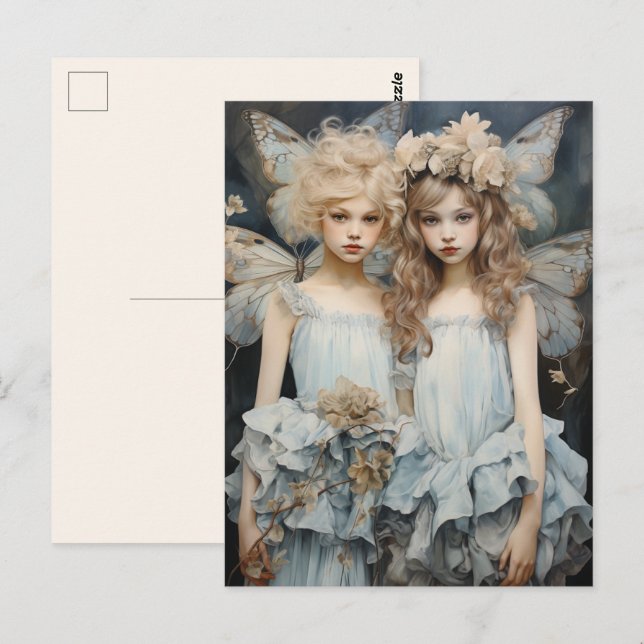 Darling Fairies Blue Satin Dress Hübsch Wings Postkarte (Vorne/Hinten)