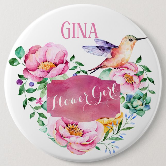 Darling Hummingbird Floral Pink Flower Girl Button (Vorderseite)