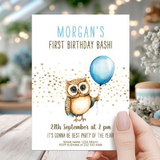 Darling Owl Blue Balloon 1. Geburtstag Einladung