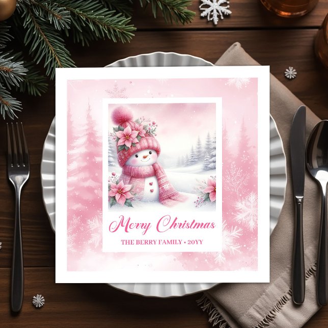 Darling Pink Snowman Winter Scene Christmas Napkin Serviette (Darling Pink Snowman Winter Scene Christmas Napkins Kids)