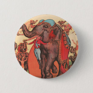 Darstellende Elefanten mit Frauen und Trainer. Button