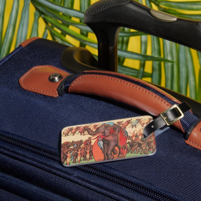 Darstellende Elefanten mit Frauen und Trainer. Gepäckanhänger (Vorderseite Insitu 3)