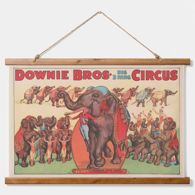 Darstellende Elefanten mit Frauen und Trainer. Wandteppich Mit Holzrahmen (Vorne)