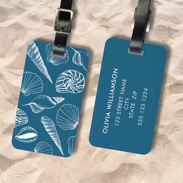 Darstellung der Muschel auf See Gepäckanhänger (Illustrated sea shell, nautical blue and white personalized luggage tag. Matching items available.)