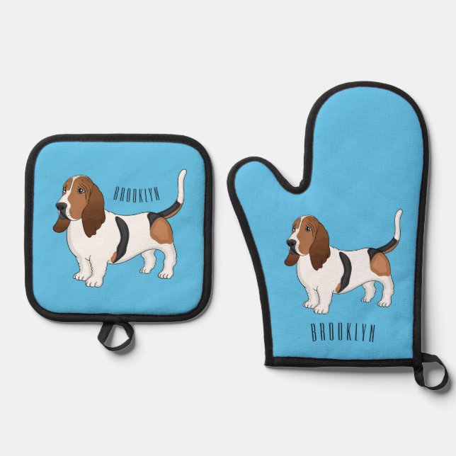 Darstellung des Basset-Hunde-Cartoon Ofenhandschuh & Topflappen-Set (Vorderseite)
