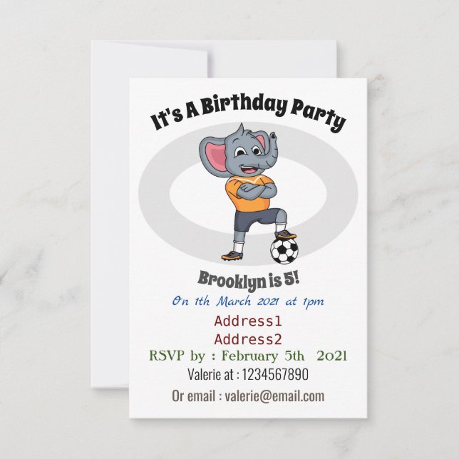 Darstellung des Cartoon eines Elephanten-Fußballsp Einladung (Vorderseite)