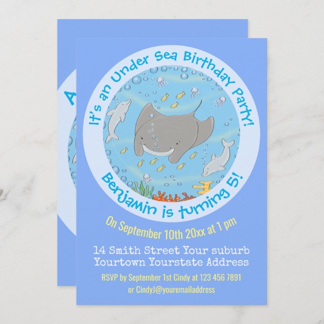 Darstellung des Cartoon von niedlichen Mantarochen Einladung (Vorne/Hinten)