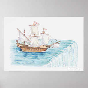 Darstellung des Schiffes, das sich dem Wasserfall  Poster