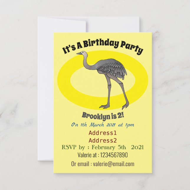 Darstellung eines größeren Rhea-Cartoon Einladung (Vorderseite)