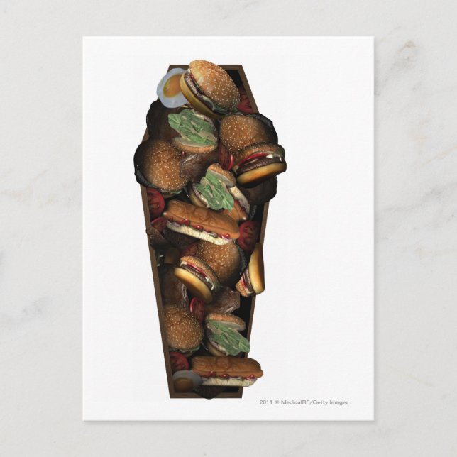 Darstellung eines mit Fast Food gefüllten Sarges Postkarte (Vorderseite)