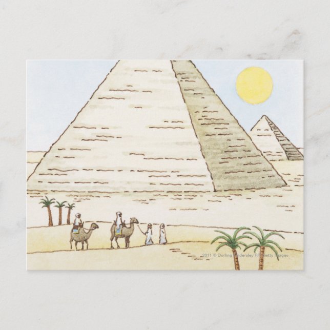 Darstellung von Pyramiden und Männern mit Kameln Postkarte (Vorderseite)