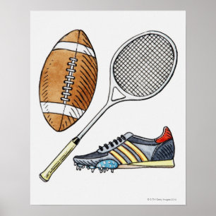 Darstellung von Rugbyball, Tennisschläger, Poster