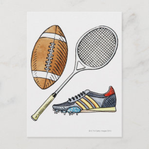 Darstellung von Rugbyball, Tennisschläger, Postkarte