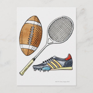 Darstellung von Rugbyball, Tennisschläger, Postkarte