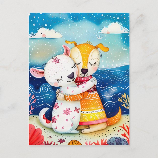 Darstellung von zwei Hunden, die am Strand spielen Postkarte (Vorderseite)