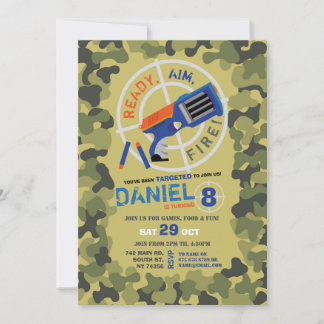 Dart Gun Fun Aim Shoot Camouflage Geburtstagseinla Einladung