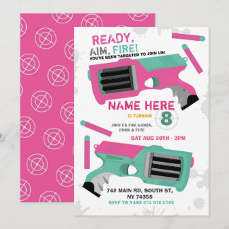 Dart Gun Fun Aim Shoot Girls Einladung Geburtstag
