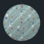 Dart-Karte für das hintere Flugzeug Dartscheibe<br><div class="desc">Schnallen Sie sich an. Dieses Muster-Dart-Board für Retro-Flugzeuge ist für den Start bereit. Das Design umfasst die Linien roter, königsblau und weißer moderner Flugzeuge aus der Mitte des Jahrhunderts, die über einen stahlblauen Hintergrund fliegen. Die zarten Streifen in Orange, Kalkgrün und Grau sowie die aquamarinen Punkte verleihen diesem skurrilen Stück...</div>