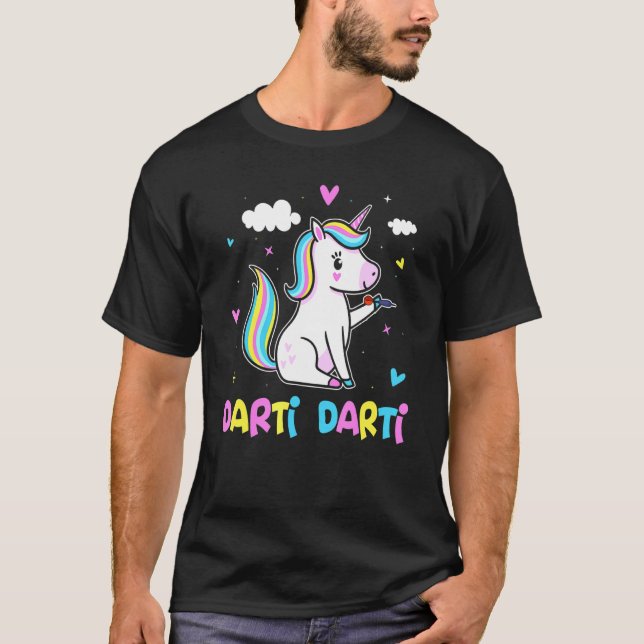 Darti Darti Niedlich Unicorn Darts Player Darts T-Shirt (Vorderseite)