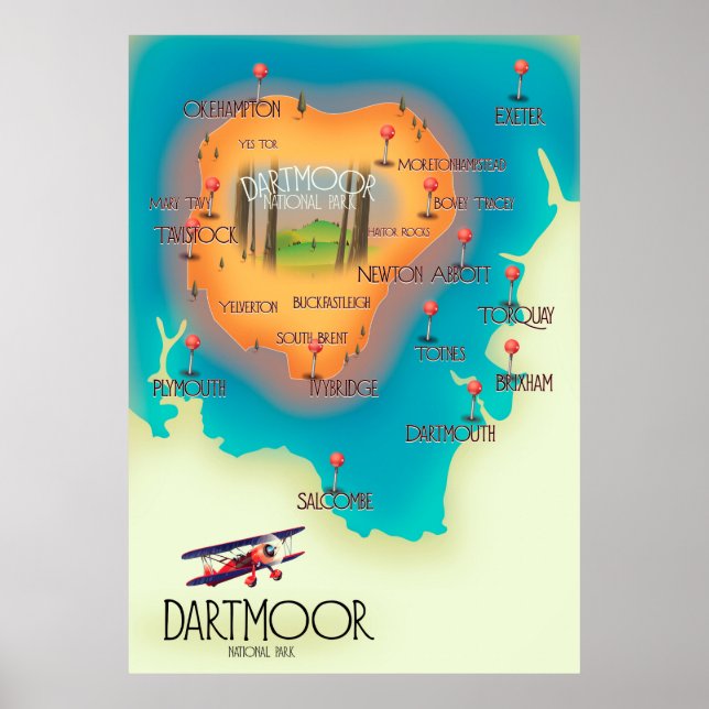 Dartmoor National Park Map Reiseposter Poster (Vorne)