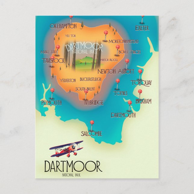 Dartmoor National Park Map Reiseposter Postkarte (Vorderseite)