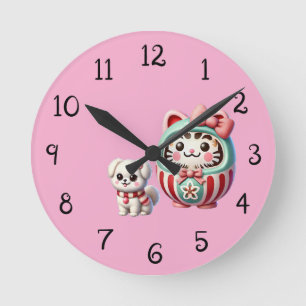 Daruma mit Welpe und Ribbon Runde Wanduhr