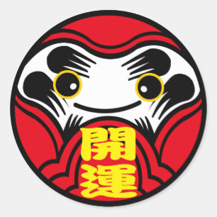 Daruma-Puppe bringt "Besseres Glück" (開 運) Runder Aufkleber