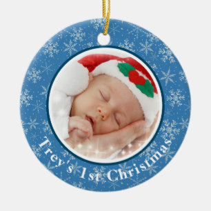 Das 1. Weihnachtsfest des Babys Foto Blau / Weiße Keramik Ornament