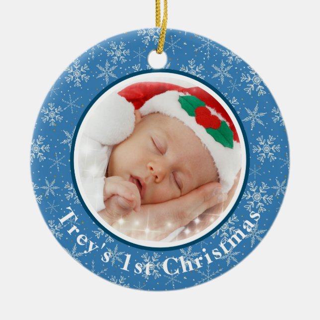 Das 1. Weihnachtsfest des Babys Foto Blau / Weiße  Keramik Ornament (Vorne)