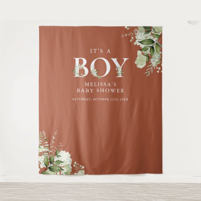 Das A Boy Floral Terracotta Babydusche Foto Prop Wandteppich (Vorderseite)