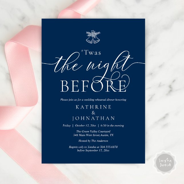 Das Abendessen vor der modernen Probe Einladung (Twas The Night Before Wedding Rehearsal Dinner Party Invites Card mistletoe wedding bell navy blue)