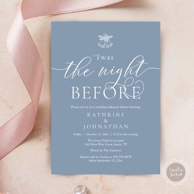 Das Abendessen vor der modernen Probe Einladung (Twas The Night Before Wedding Rehearsal Dinner Party Invites Card mistletoe wedding bell dusty blue)