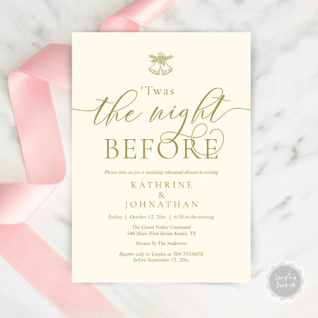 Das Abendessen vor der modernen Probe Einladung (Twas The Night Before Wedding Rehearsal Dinner Party Invites Card mistletoe wedding bell Yellow Gold)
